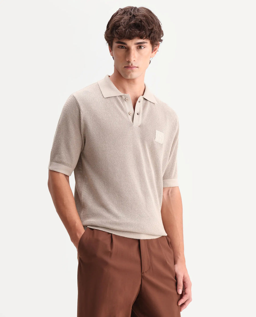 Rare Rabbit Men's Flak Beige Cotton Fabric Half Sleeve Spread Collar Regular Plain Polo