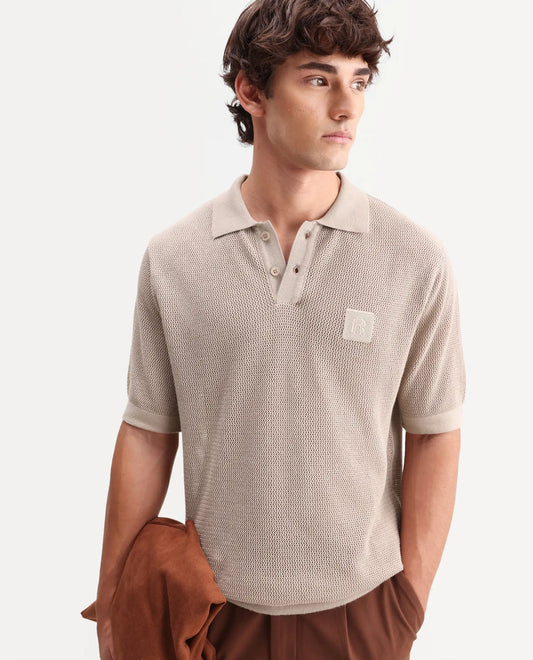 Rare Rabbit Men's Flak Beige Cotton Fabric Half Sleeve Spread Collar Regular Plain Polo