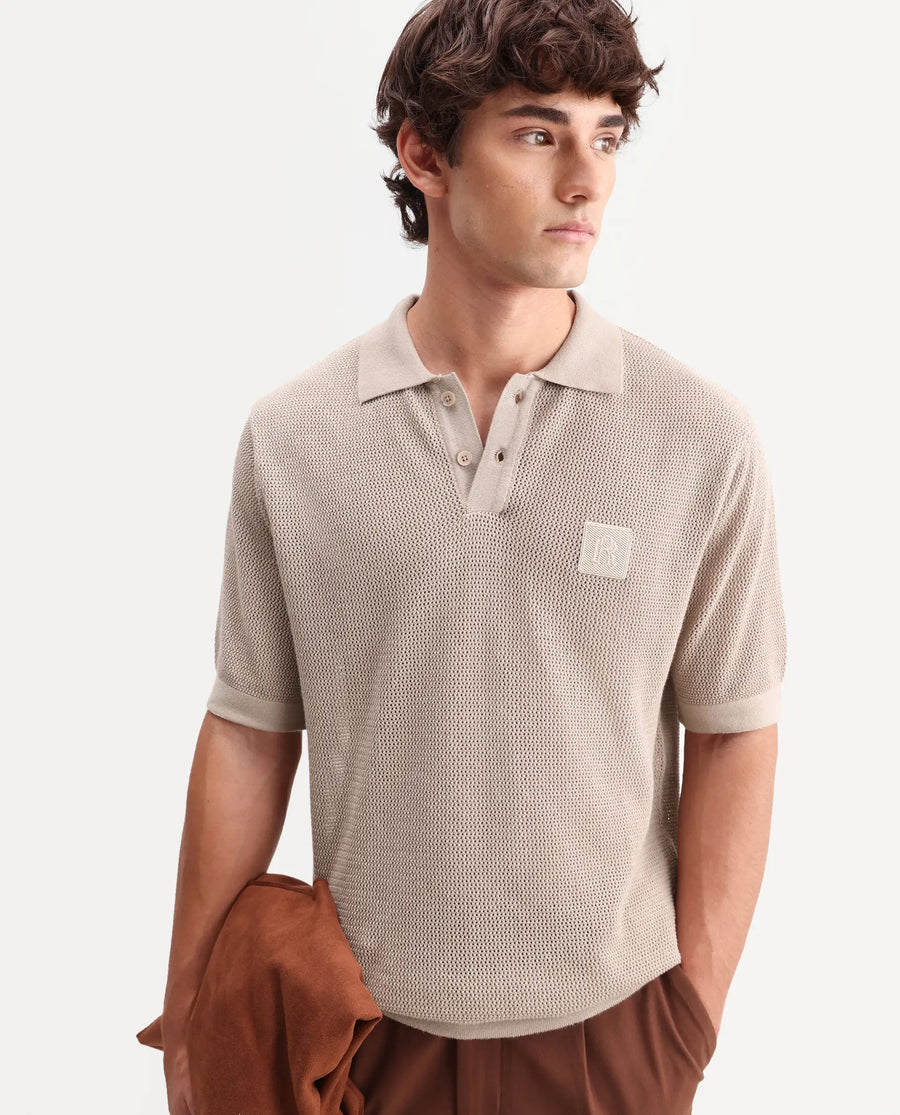 Rare Rabbit Men's Flak Beige Cotton Fabric Half Sleeve Spread Collar Regular Plain Polo