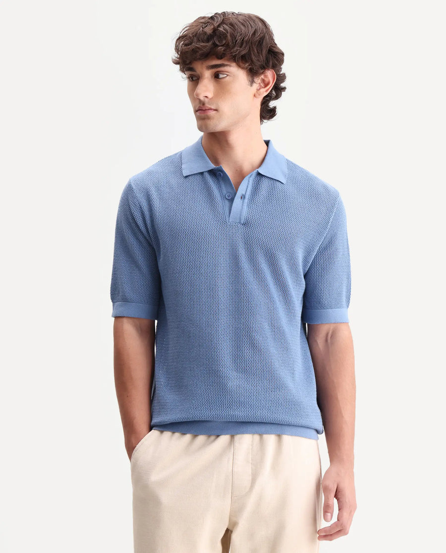 Rare Rabbit Men's Flako Fluorescent Blue Cotton Fabric Half Sleeve Spread Collar Regular Plain Polo