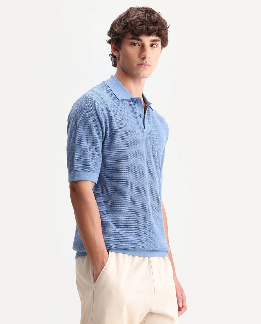 Rare Rabbit Men's Flako Fluorescent Blue Cotton Fabric Half Sleeve Spread Collar Regular Plain Polo
