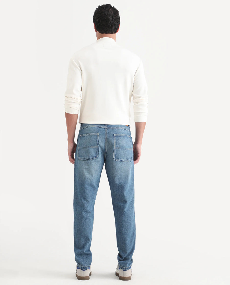 Rare Rabbit Men's Denis K Blue Cotton Blend Fabric Kurt Carrot Fit Plain Jeans