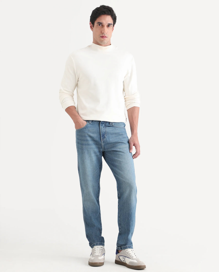 Rare Rabbit Men's Denis K Blue Cotton Blend Fabric Kurt Carrot Fit Plain Jeans