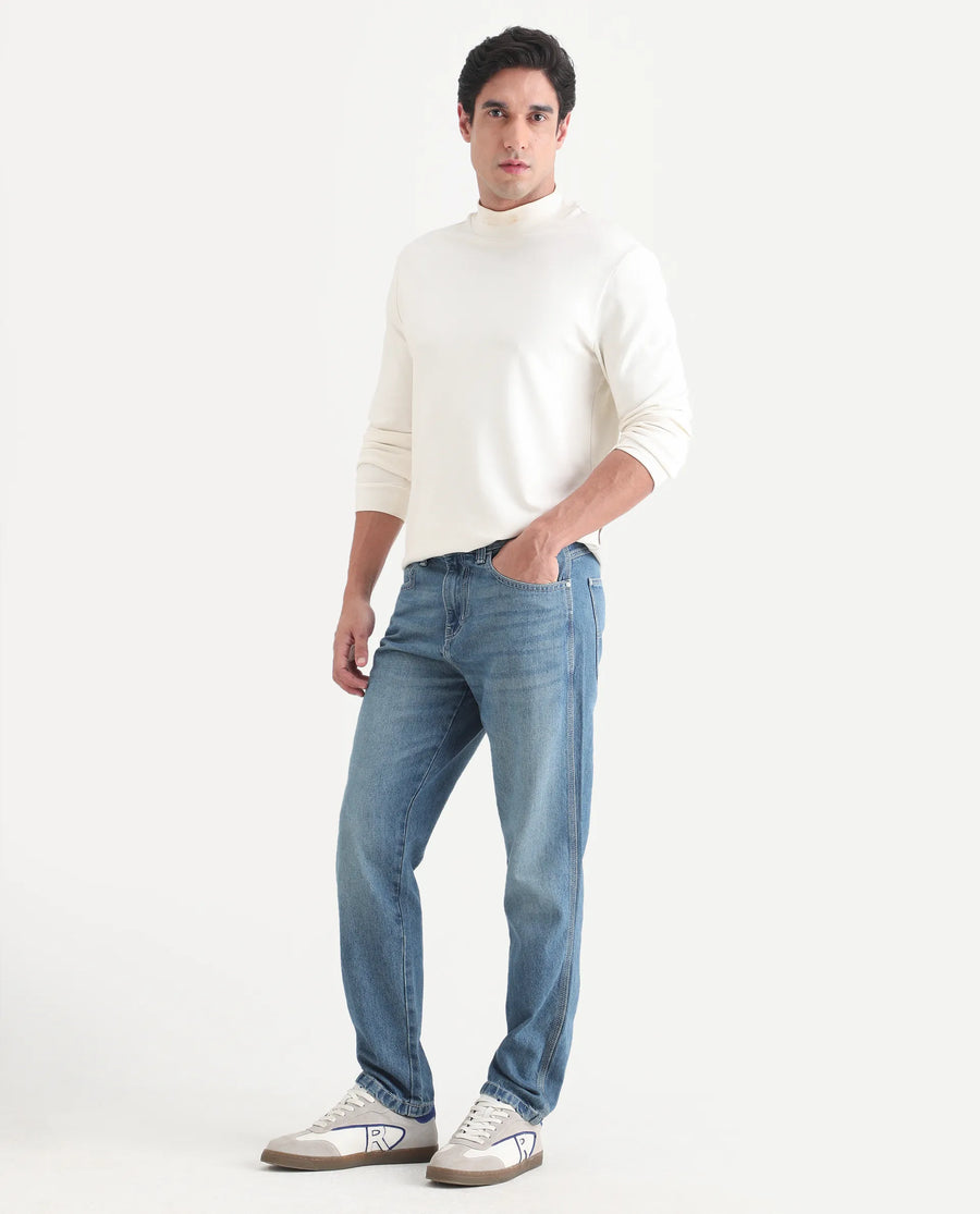 Rare Rabbit Men's Denis K Blue Cotton Blend Fabric Kurt Carrot Fit Plain Jeans