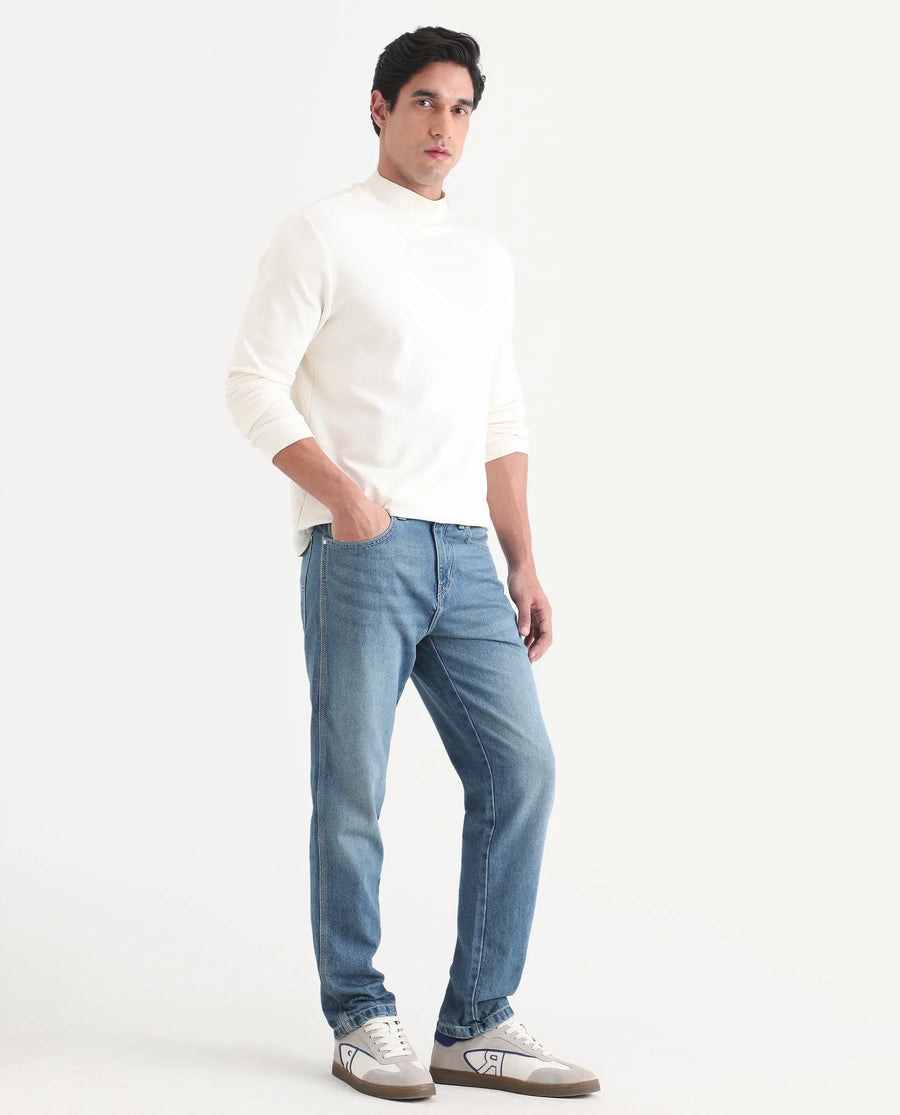 Rare Rabbit Men's Denis K Blue Cotton Blend Fabric Kurt Carrot Fit Plain Jeans