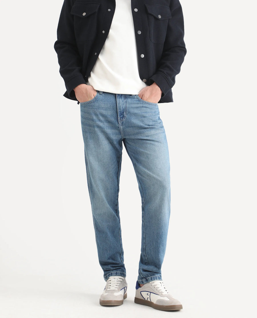 Rare Rabbit Men's Denis K Blue Cotton Blend Fabric Kurt Carrot Fit Plain Jeans