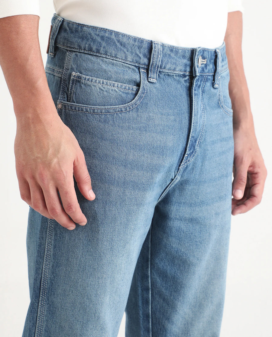 Rare Rabbit Men's Denis K Blue Cotton Blend Fabric Kurt Carrot Fit Plain Jeans