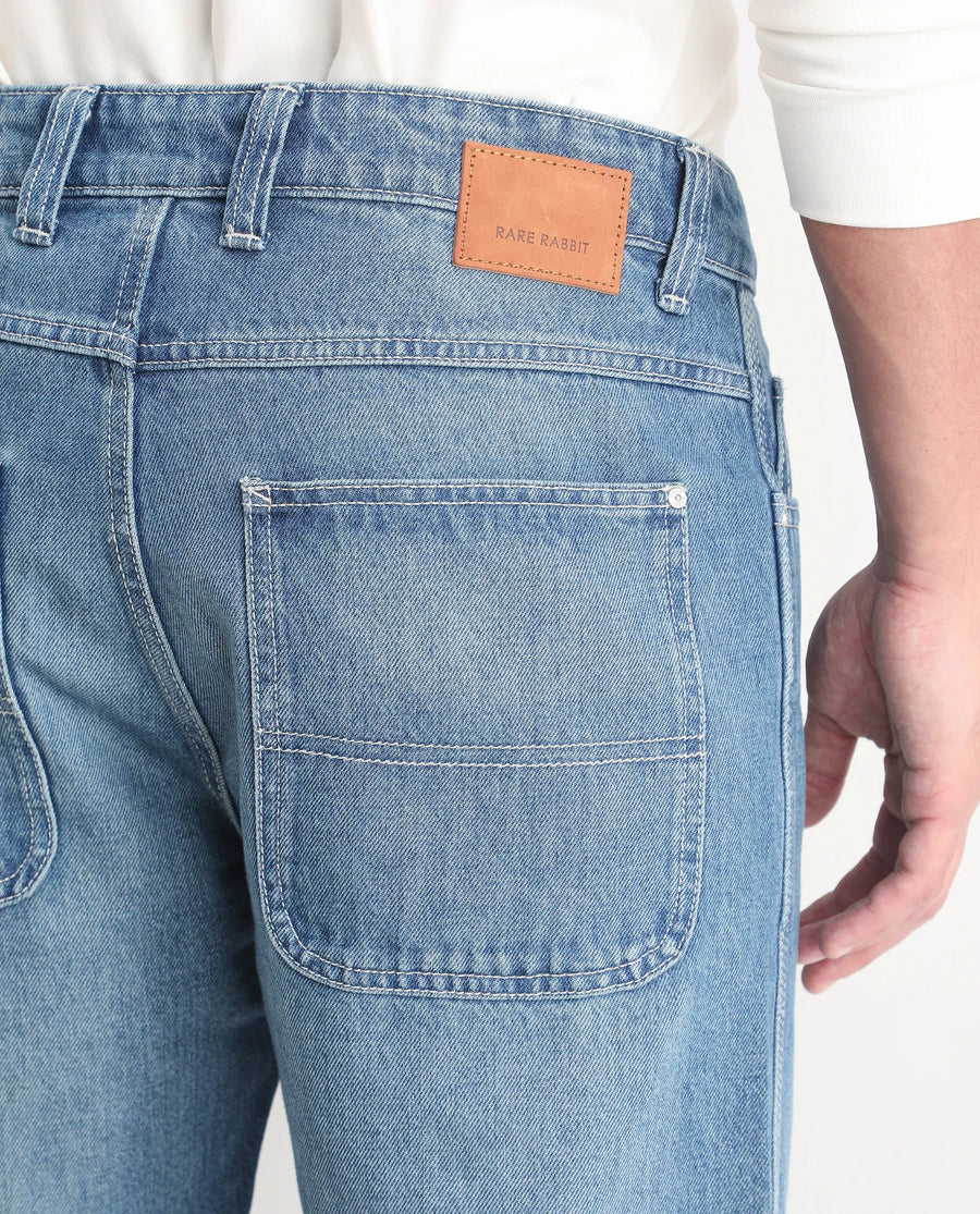 Rare Rabbit Men's Denis K Blue Cotton Blend Fabric Kurt Carrot Fit Plain Jeans