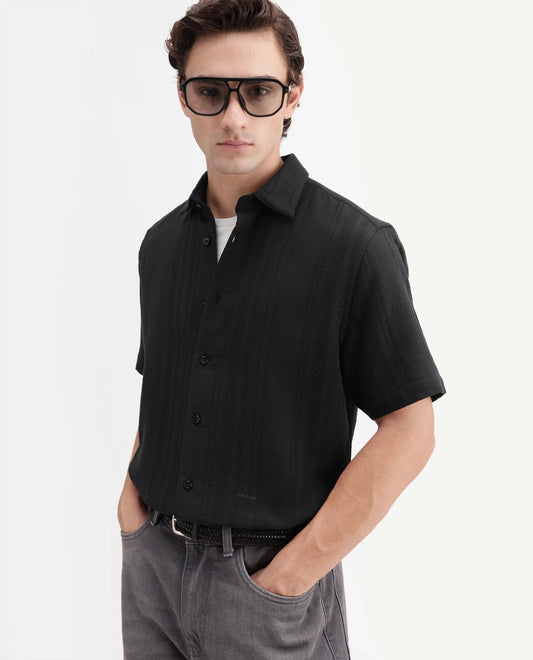 Rare Rabbit Men's Fivo Black Cotton Fabric Half Sleeve Collared Regular Fit Striped Shirt