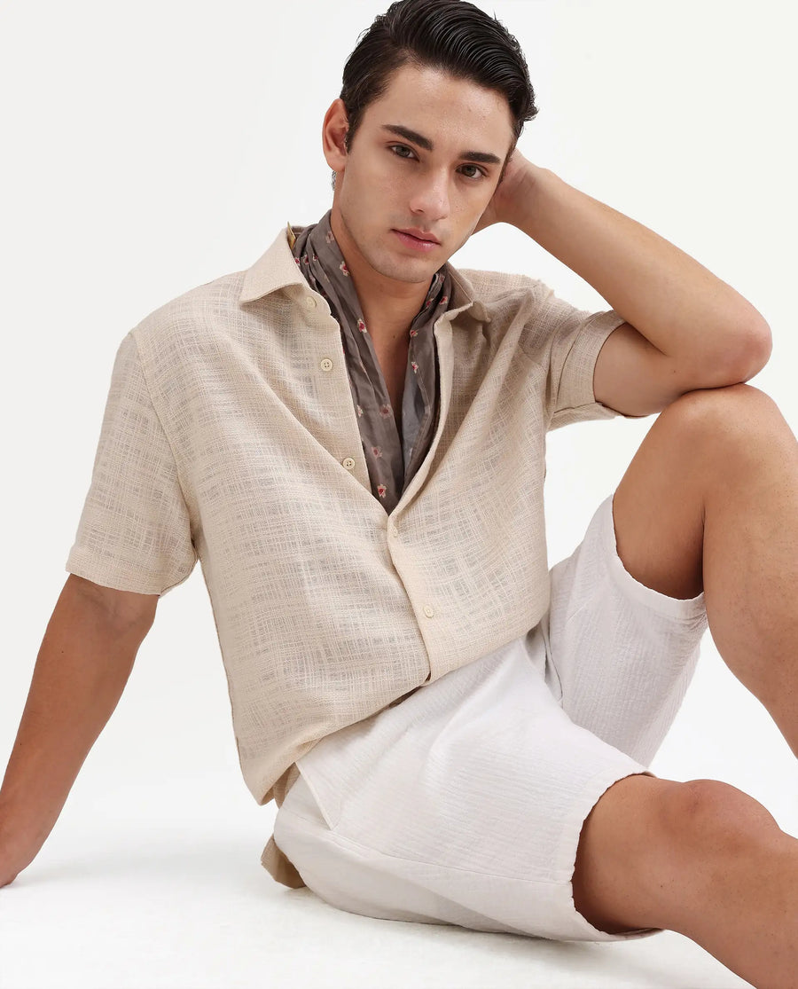 Rare Rabbit Men's Tilo Light Beige Polyester Fabric Half Sleeve Spread Collar Regular Fit Textured Shirt