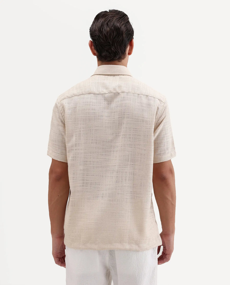 Rare Rabbit Men's Tilo Light Beige Polyester Fabric Half Sleeve Spread Collar Regular Fit Textured Shirt