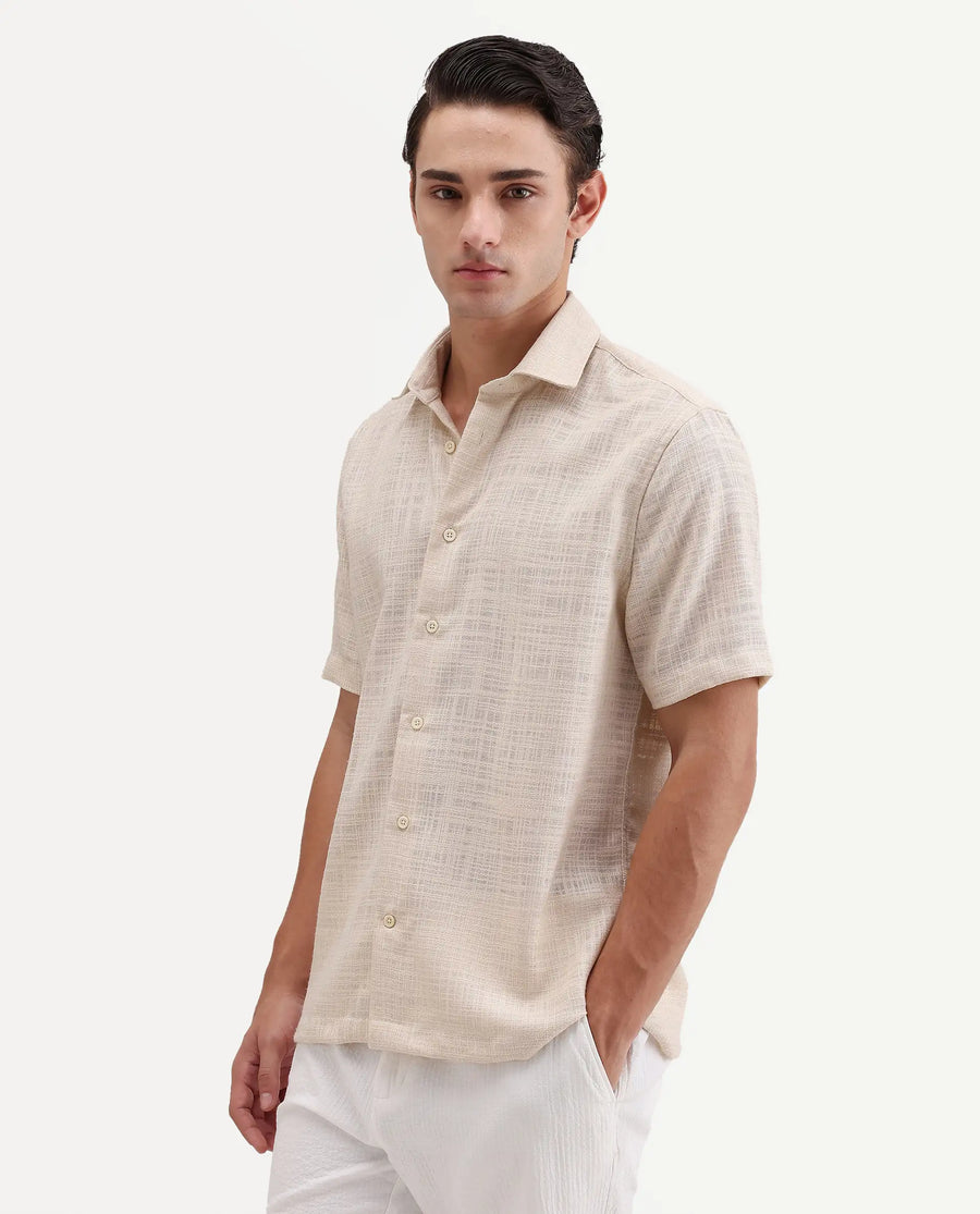 Rare Rabbit Men's Tilo Light Beige Polyester Fabric Half Sleeve Spread Collar Regular Fit Textured Shirt