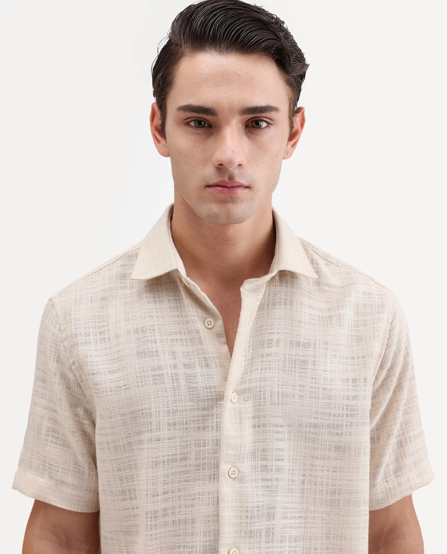 Rare Rabbit Men's Tilo Light Beige Polyester Fabric Half Sleeve Spread Collar Regular Fit Textured Shirt