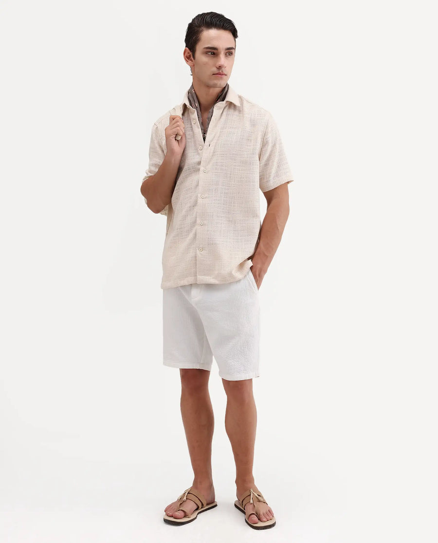 Rare Rabbit Men's Tilo Light Beige Polyester Fabric Half Sleeve Spread Collar Regular Fit Textured Shirt