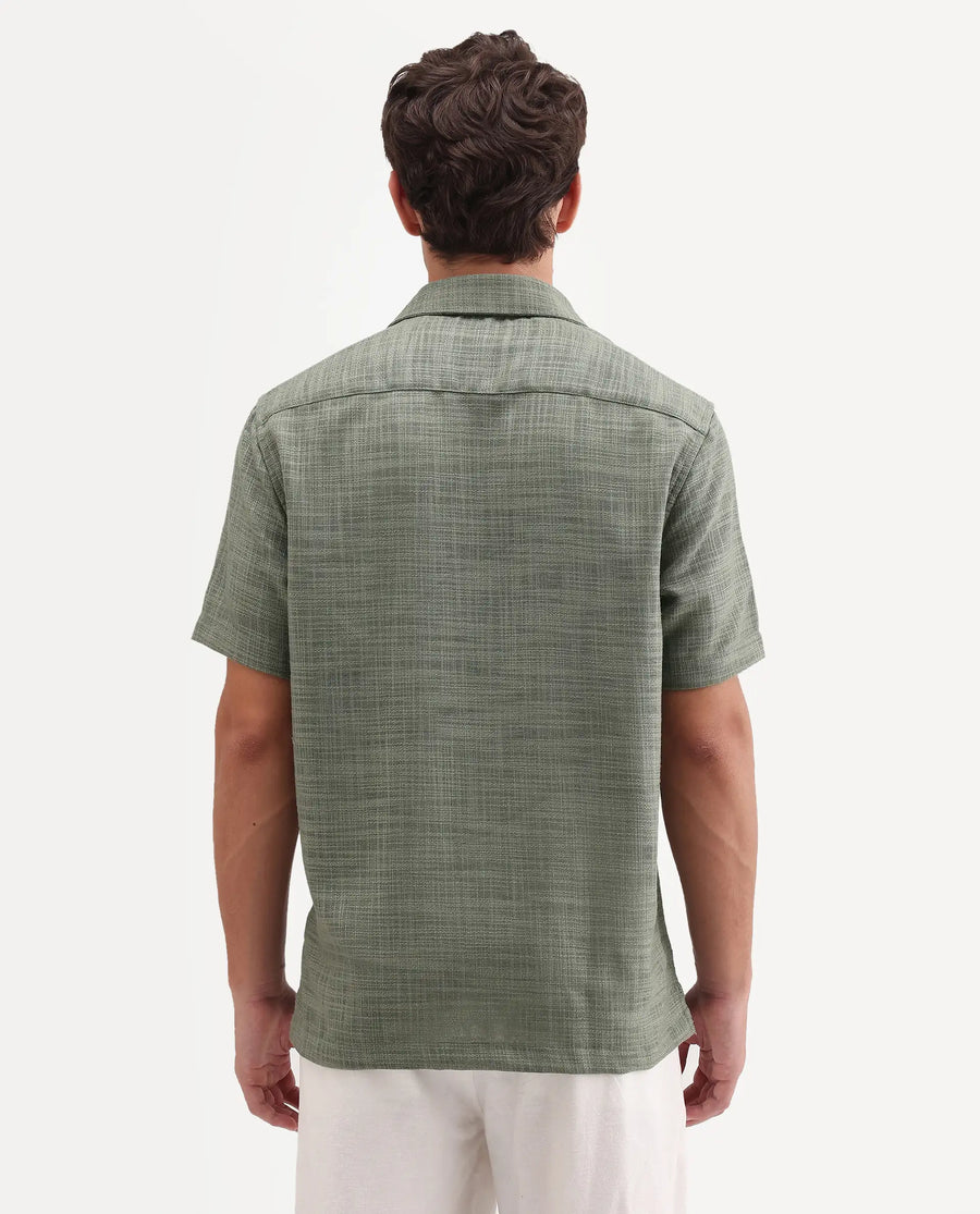 Rare Rabbit Men's Tilo Olive Polyester Fabric Half Sleeve Spread Collar Regular Fit Textured Shirt