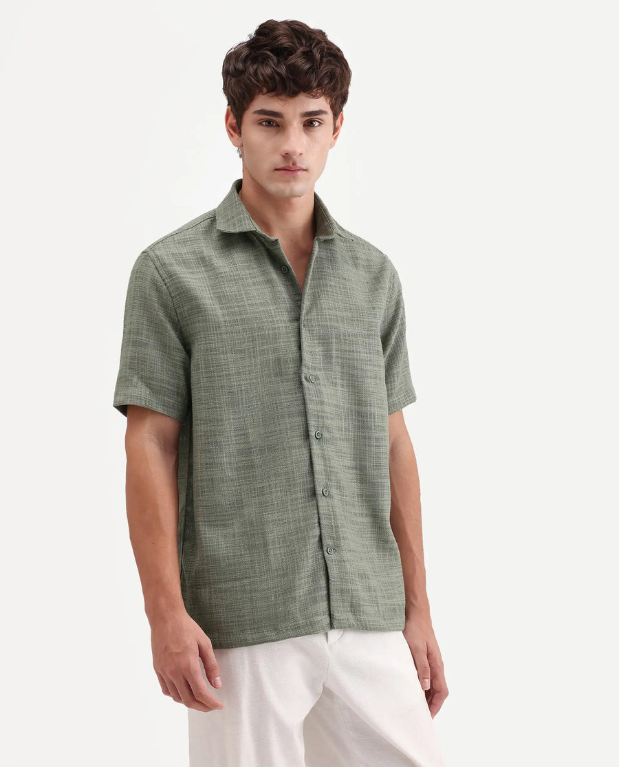 Rare Rabbit Men's Tilo Olive Polyester Fabric Half Sleeve Spread Collar Regular Fit Textured Shirt