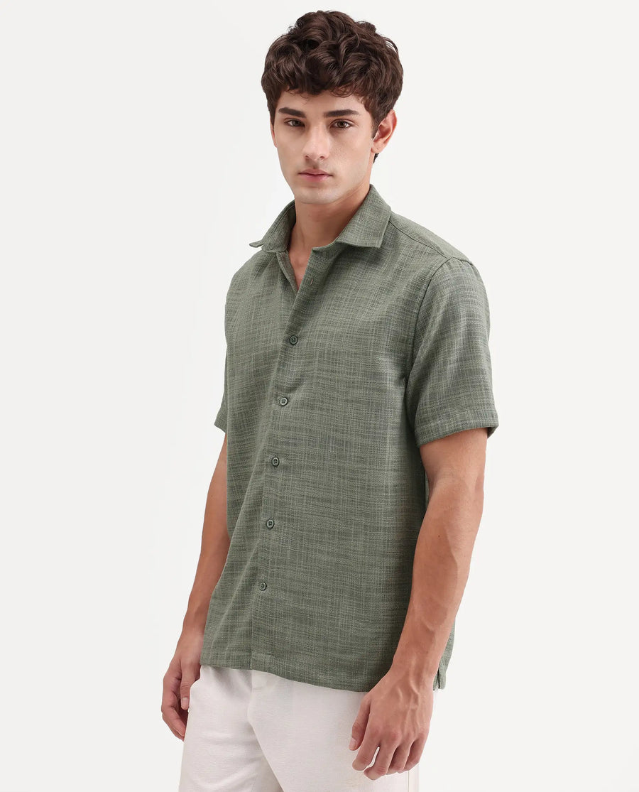 Rare Rabbit Men's Tilo Olive Polyester Fabric Half Sleeve Spread Collar Regular Fit Textured Shirt