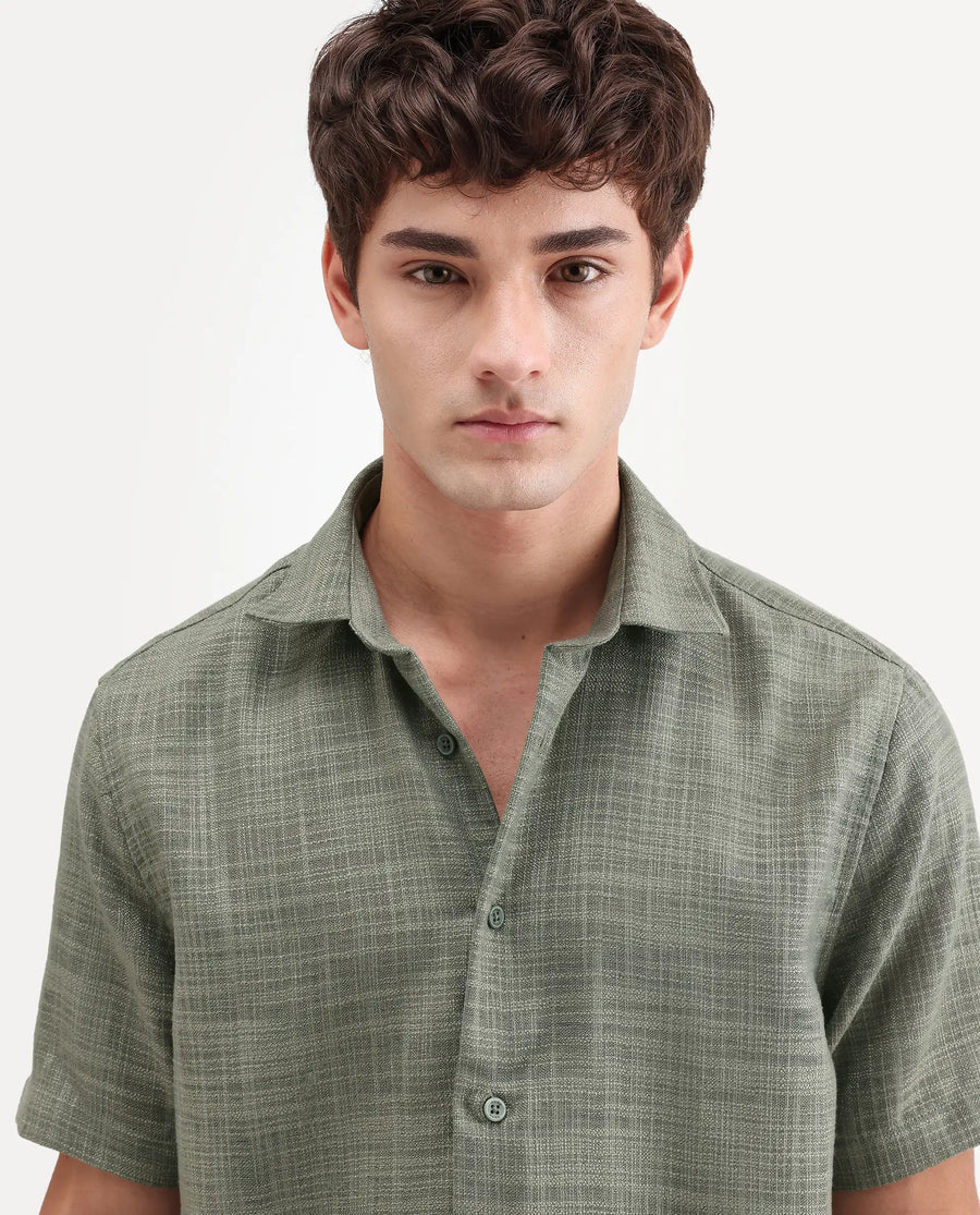 Rare Rabbit Men's Tilo Olive Polyester Fabric Half Sleeve Spread Collar Regular Fit Textured Shirt