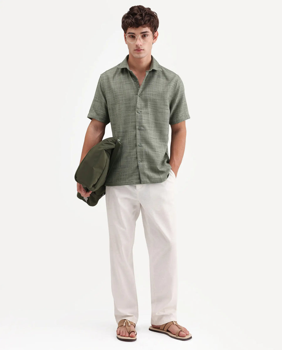 Rare Rabbit Men's Tilo Olive Polyester Fabric Half Sleeve Spread Collar Regular Fit Textured Shirt
