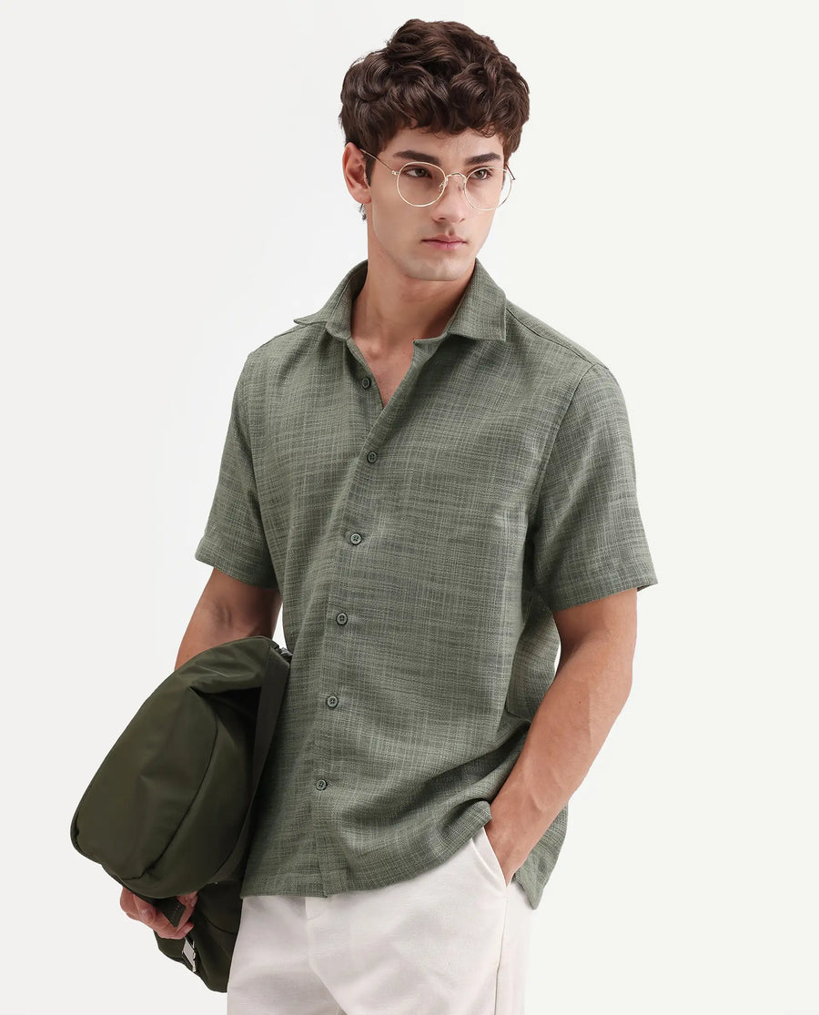 Rare Rabbit Men's Tilo Olive Polyester Fabric Half Sleeve Spread Collar Regular Fit Textured Shirt