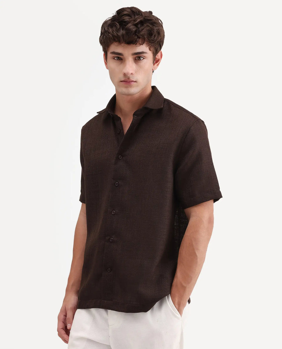 Rare Rabbit Men's Tilo Dark Brown Polyester Fabric Half Sleeve Spread Collar Regular Fit Textured Shirt