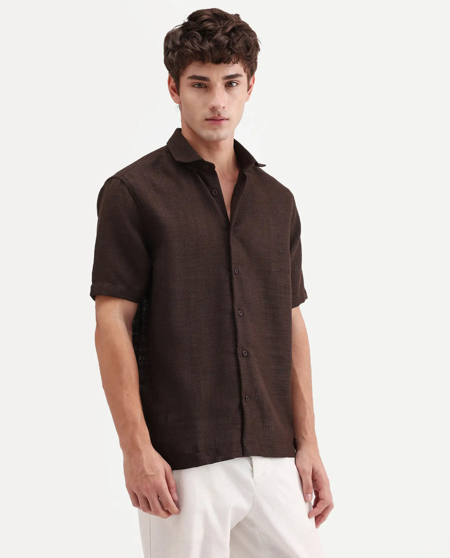 Rare Rabbit Men's Tilo Dark Brown Polyester Fabric Half Sleeve Spread Collar Regular Fit Textured Shirt