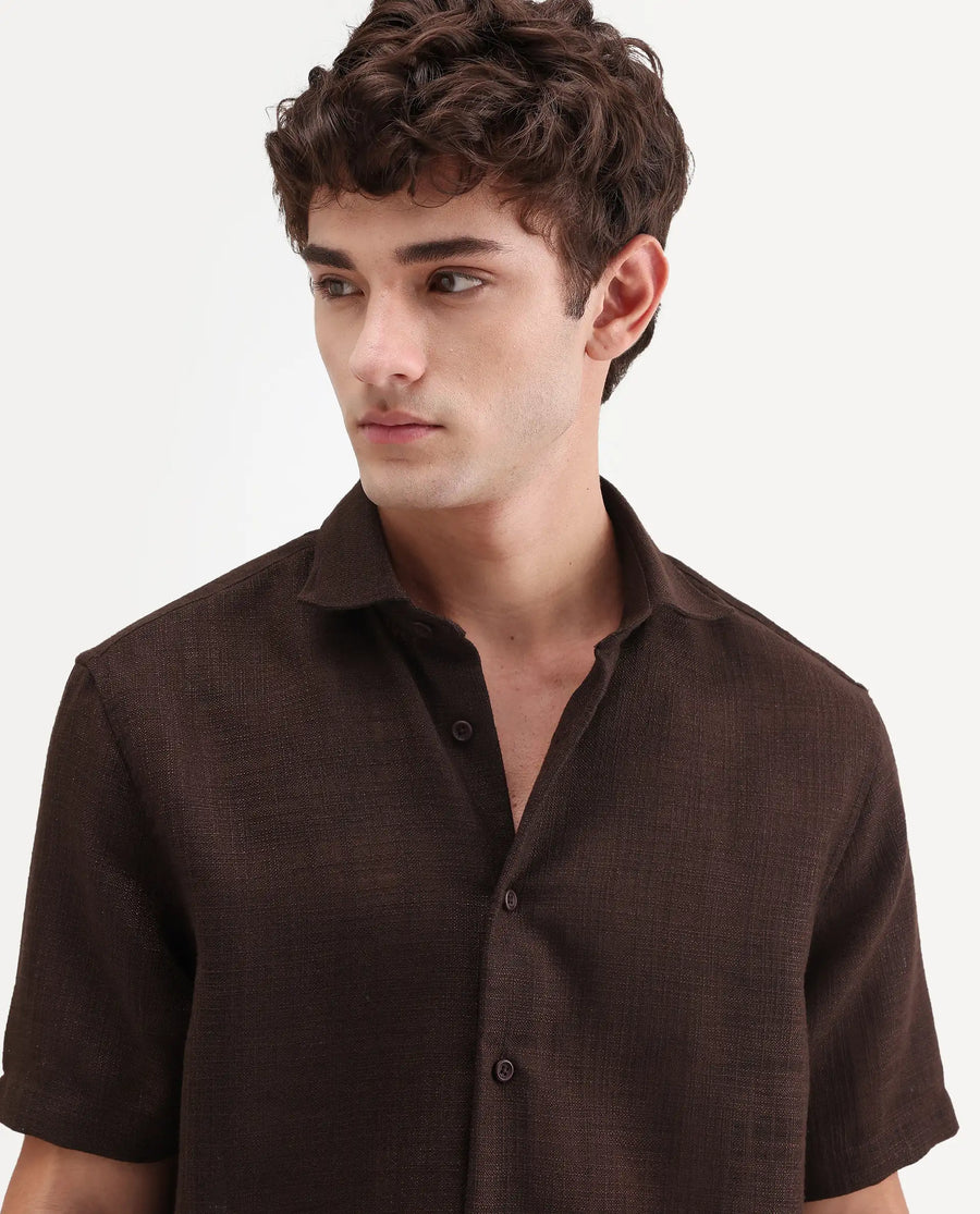 Rare Rabbit Men's Tilo Dark Brown Polyester Fabric Half Sleeve Spread Collar Regular Fit Textured Shirt