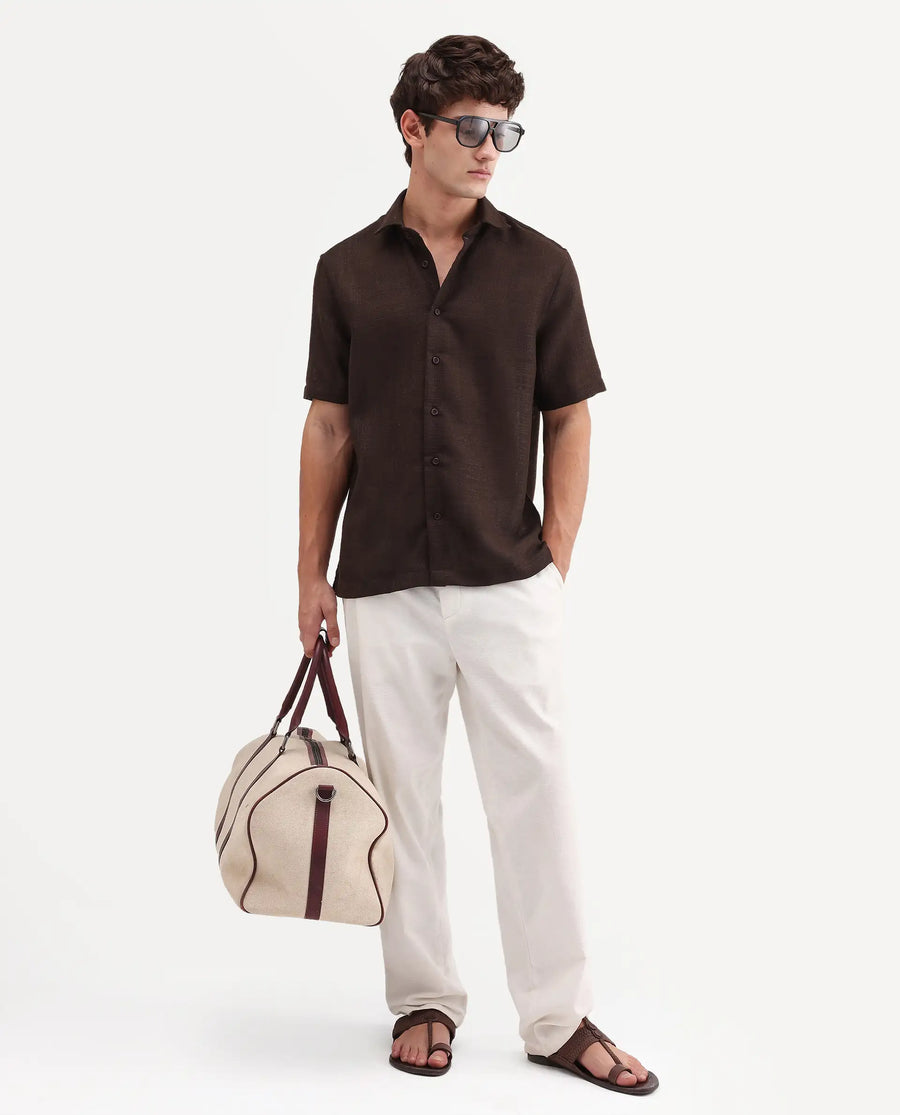 Rare Rabbit Men's Tilo Dark Brown Polyester Fabric Half Sleeve Spread Collar Regular Fit Textured Shirt
