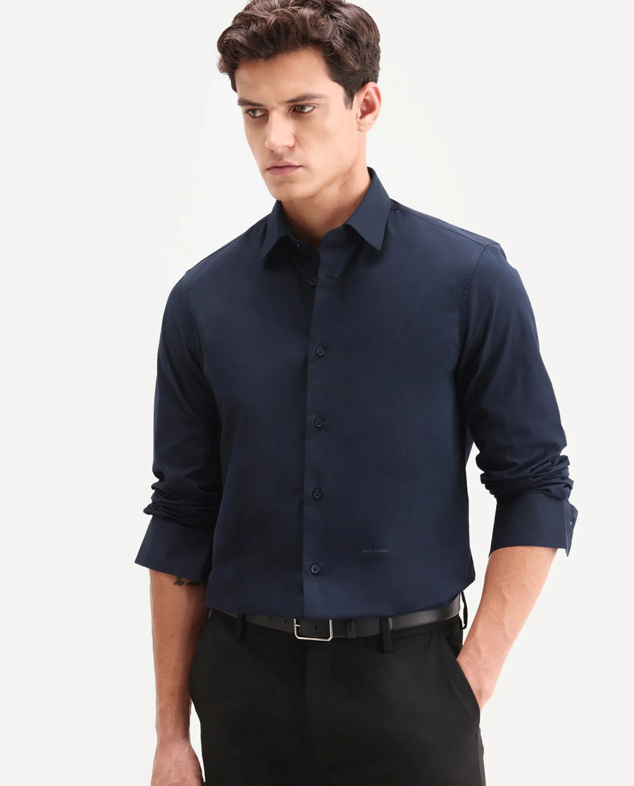 Rare Rabbit Men's Edro Navy Cotton Fabric Full Sleeve Collared Regular Fit Plain Shirt