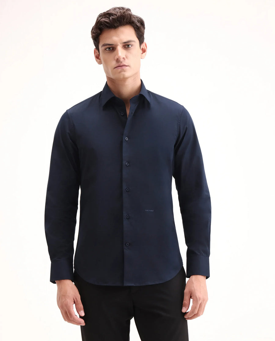 Rare Rabbit Men's Edro Navy Cotton Fabric Full Sleeve Collared Regular Fit Plain Shirt
