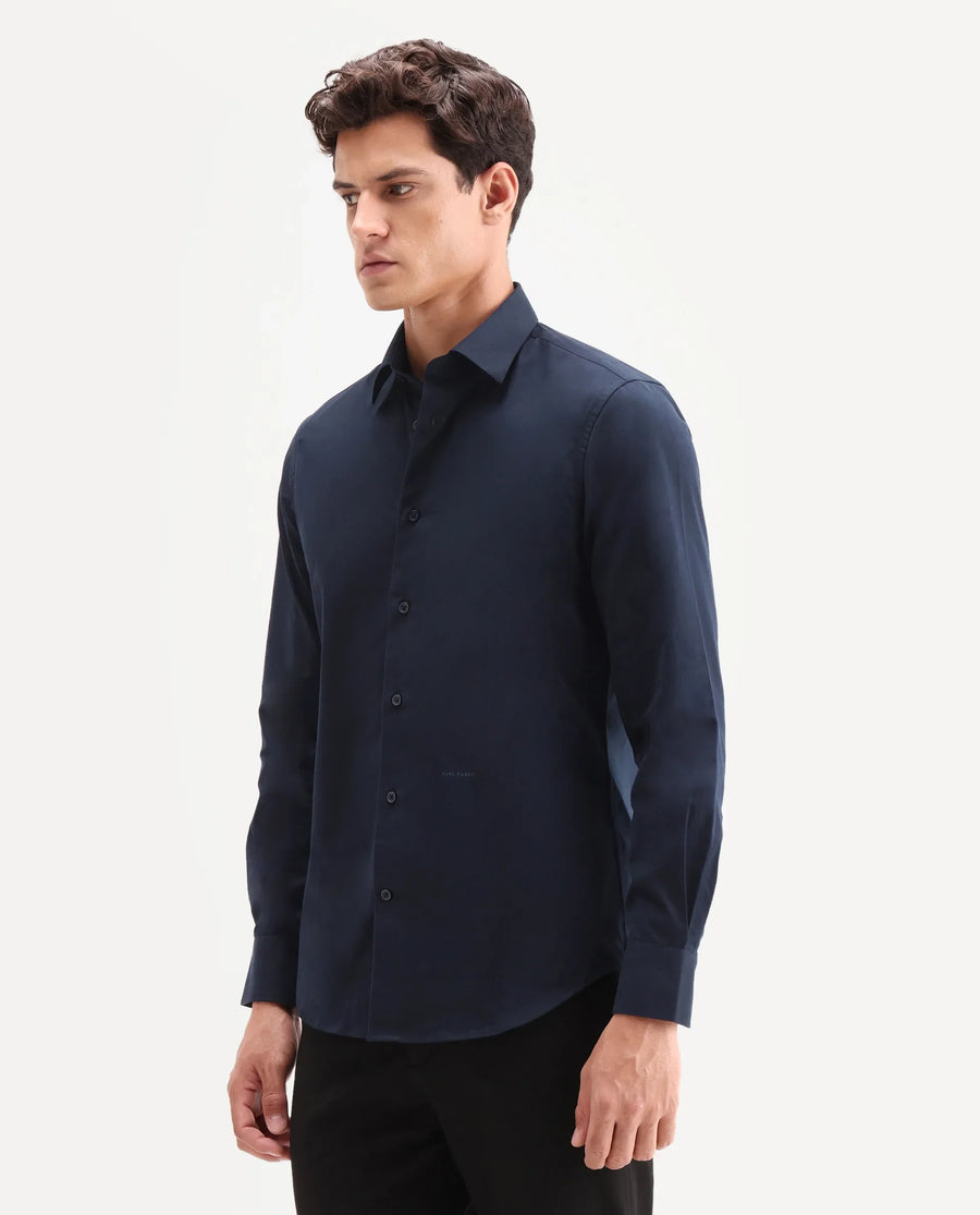 Rare Rabbit Men's Edro Navy Cotton Fabric Full Sleeve Collared Regular Fit Plain Shirt