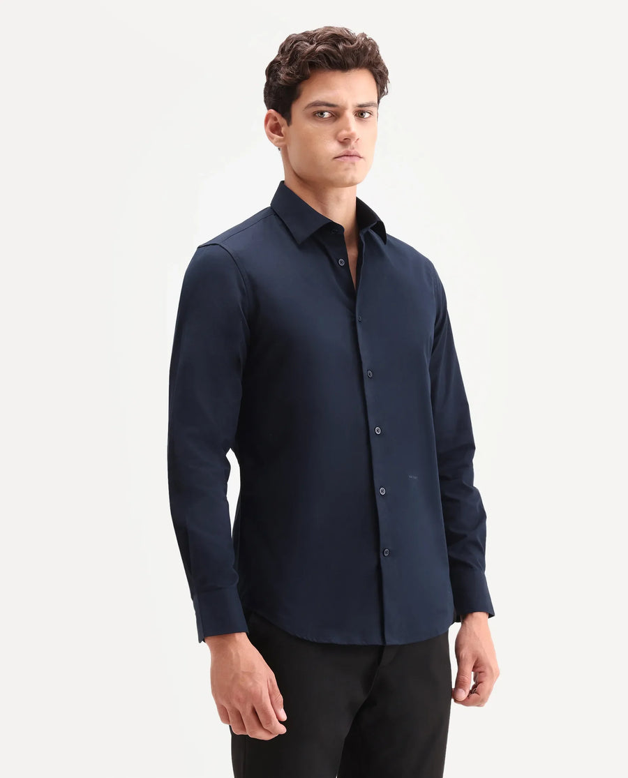 Rare Rabbit Men's Edro Navy Cotton Fabric Full Sleeve Collared Regular Fit Plain Shirt