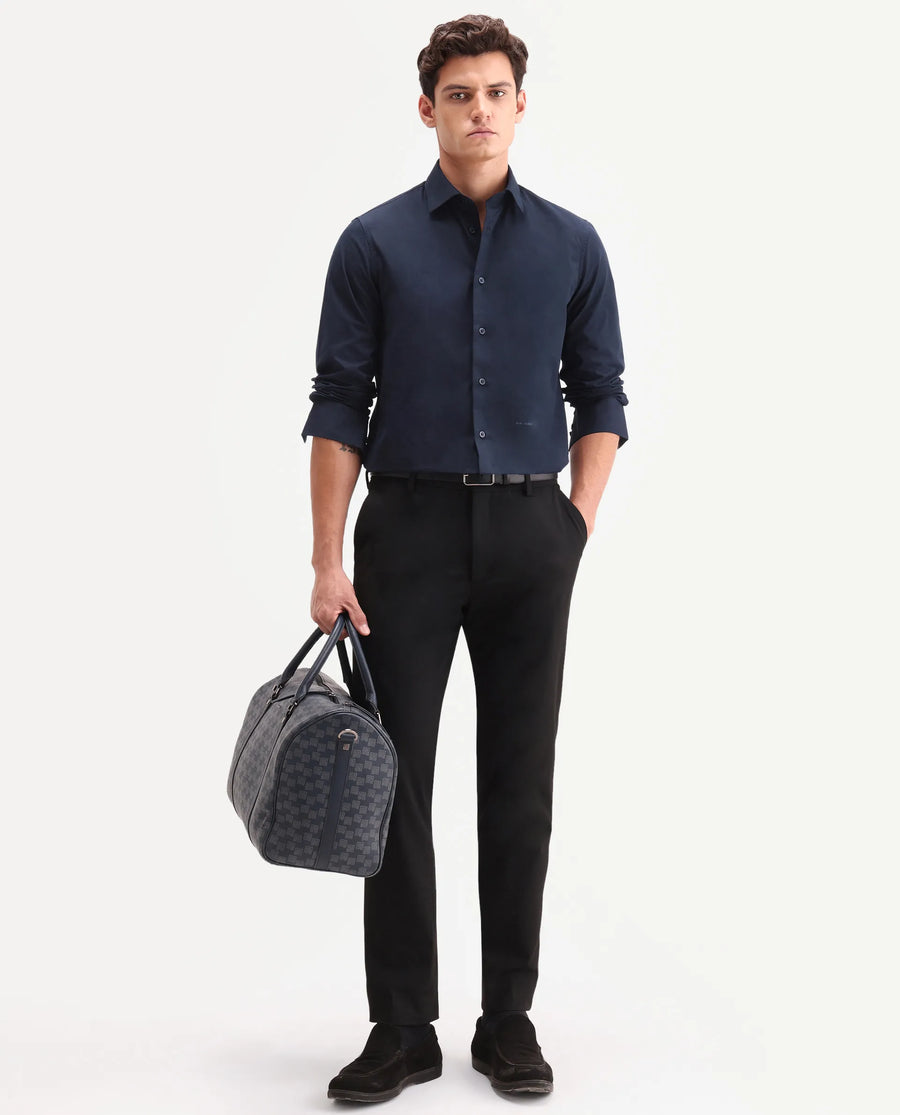 Rare Rabbit Men's Edro Navy Cotton Fabric Full Sleeve Collared Regular Fit Plain Shirt