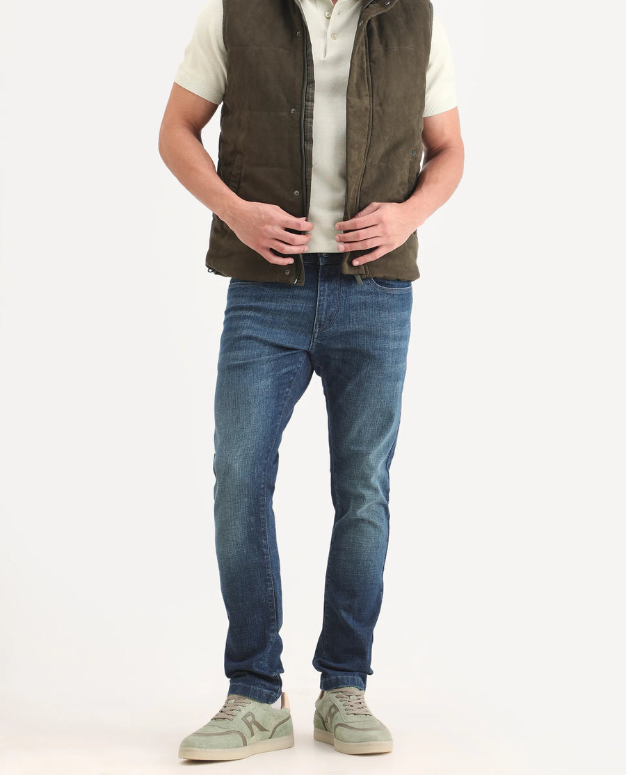 Rare Rabbit Men's Axel H Blue Cotton Blend Hawk Slim Fit Plain Jeans