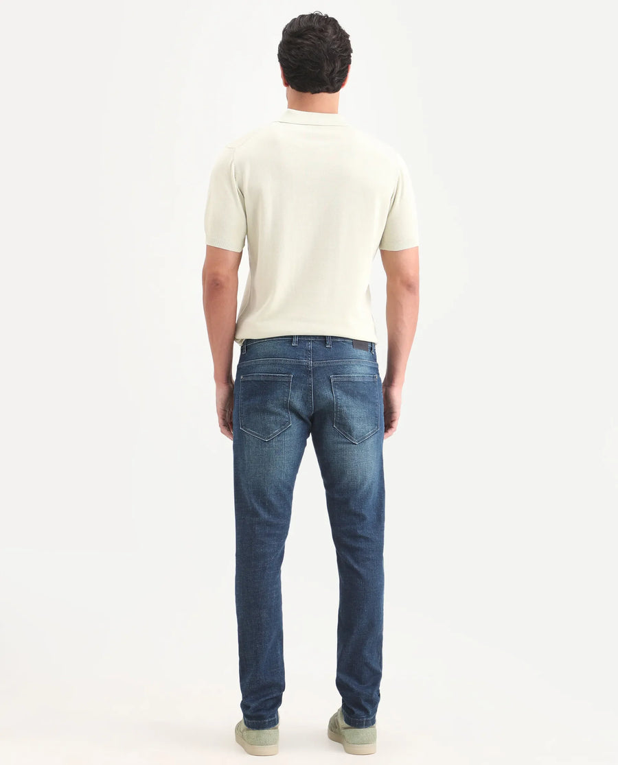 Rare Rabbit Men's Axel H Blue Cotton Blend Hawk Slim Fit Plain Jeans