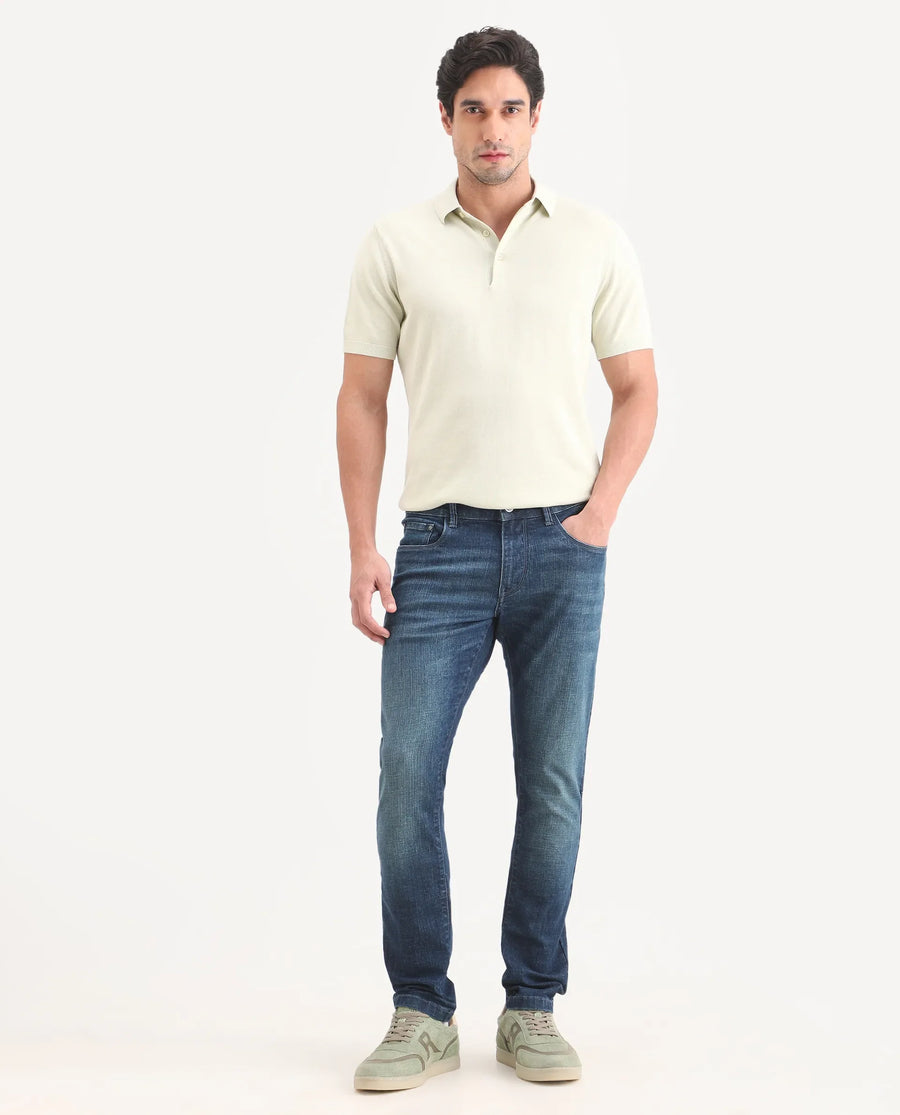 Rare Rabbit Men's Axel H Blue Cotton Blend Hawk Slim Fit Plain Jeans