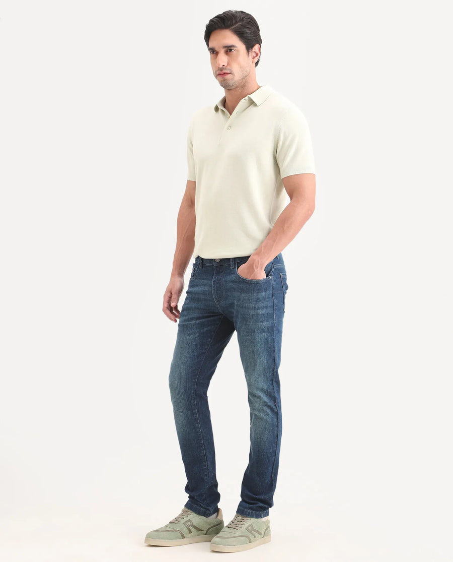 Rare Rabbit Men's Axel H Blue Cotton Blend Hawk Slim Fit Plain Jeans