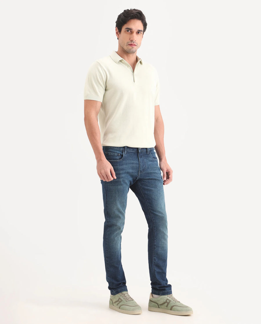Rare Rabbit Men's Axel H Blue Cotton Blend Hawk Slim Fit Plain Jeans