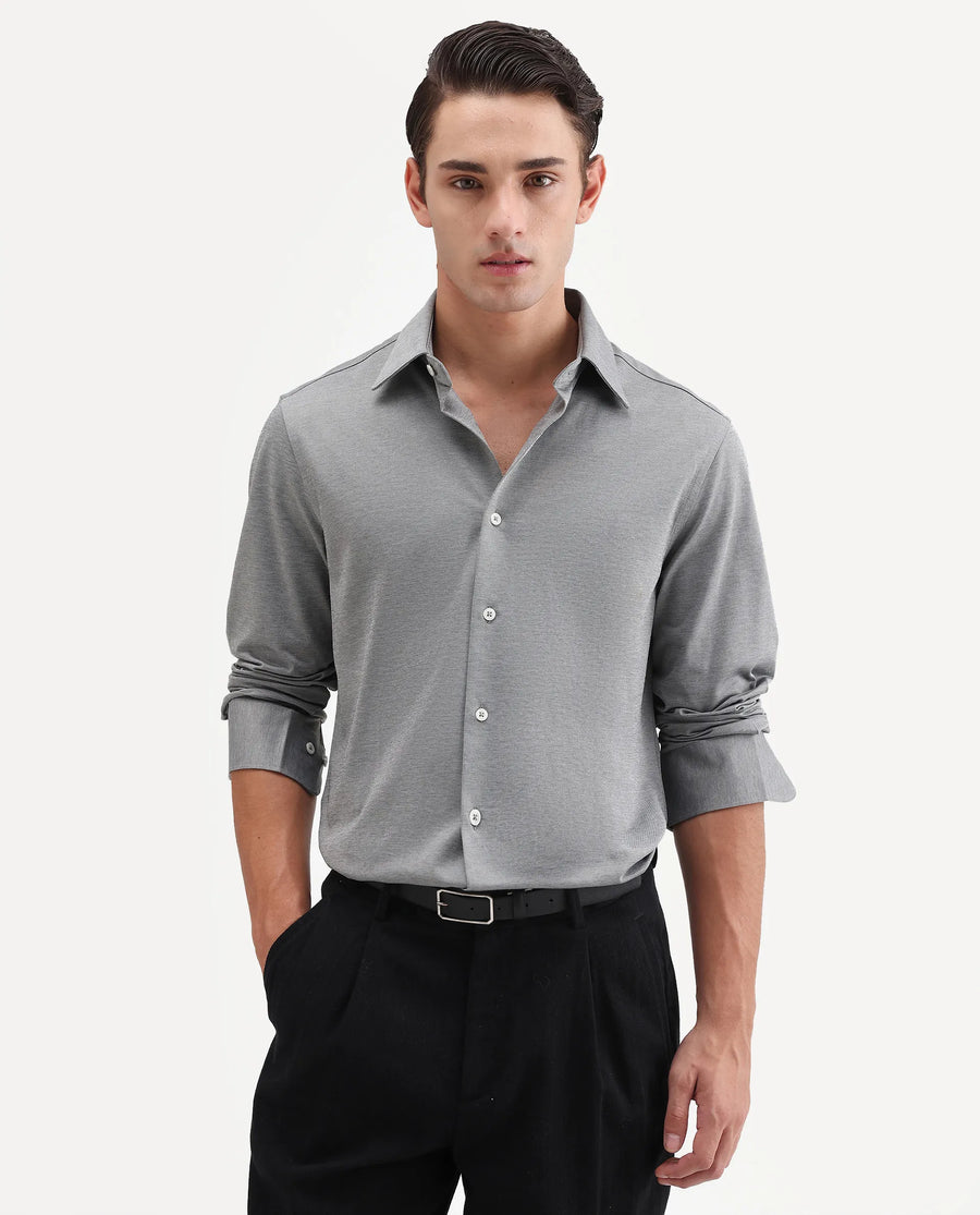 Rare Rabbit Men's Bogi Light Grey Cotton Blend Full Sleeve Spread Collar Regular Fit Plain Shirt