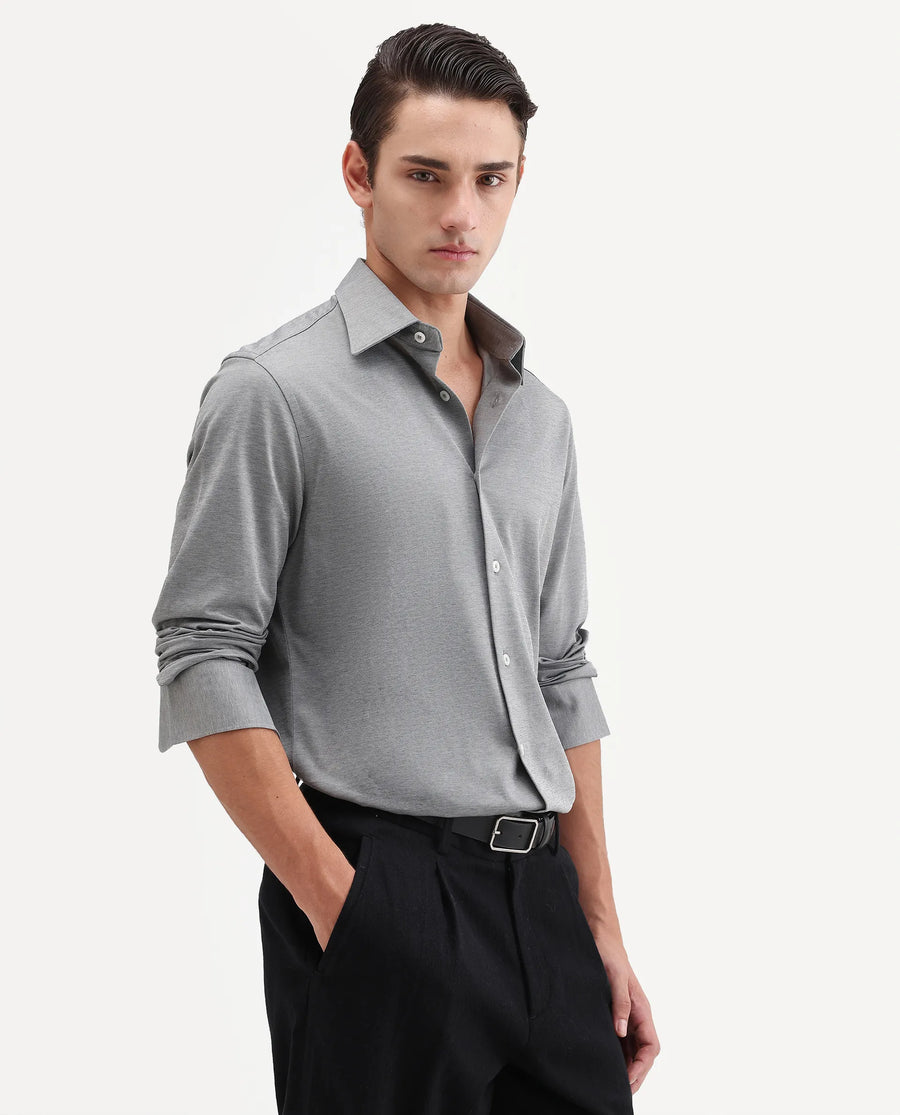 Rare Rabbit Men's Bogi Light Grey Cotton Blend Full Sleeve Spread Collar Regular Fit Plain Shirt