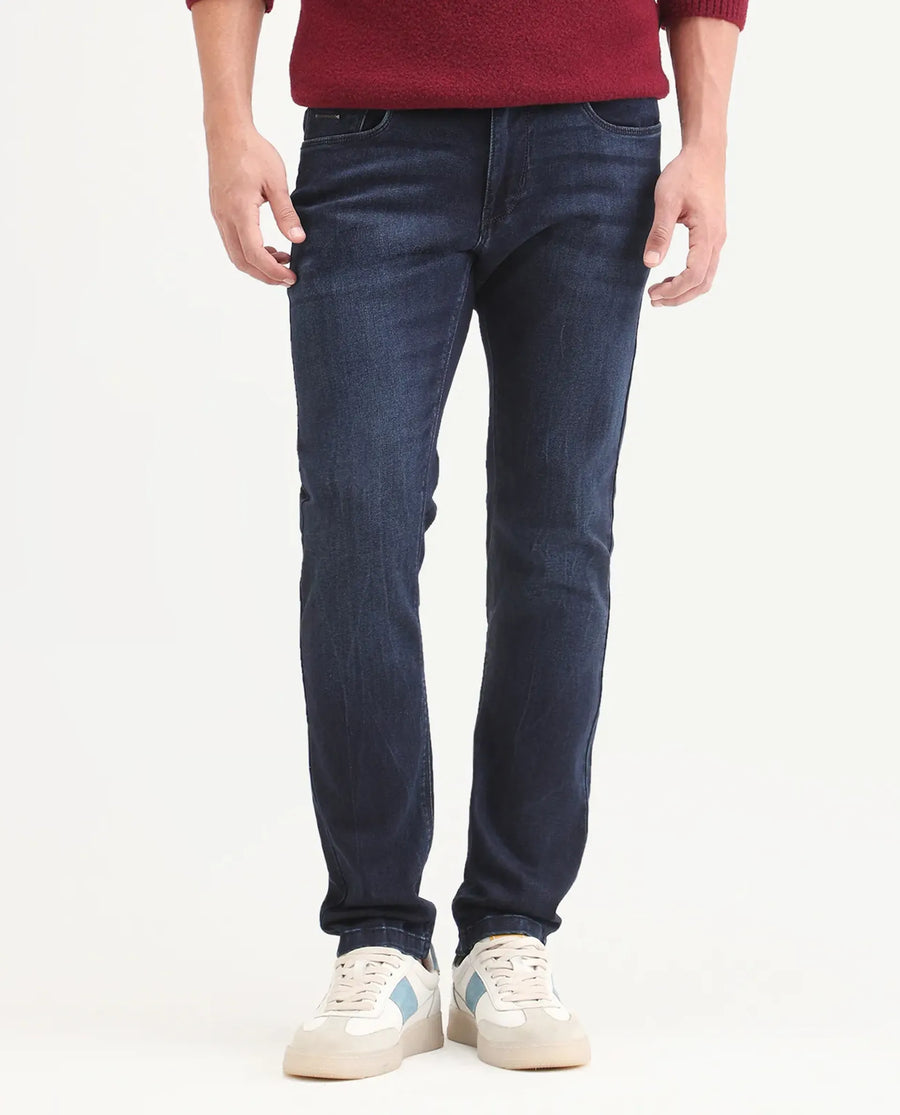 Rare Rabbit Men's Emil 26 Blue Cotton Blend Hawk Slim Fit Plain Jeans