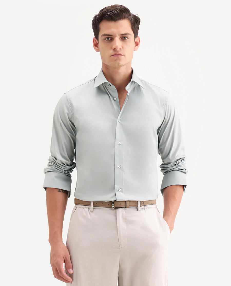 Rare Rabbit Men's Neutron-Ss26 Dusky Green Cotton Blend Full Sleeve Spread Collar Regular Fit Plain Shirt