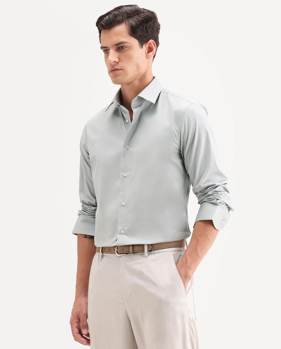 Rare Rabbit Men's Neutron-Ss26 Dusky Green Cotton Blend Full Sleeve Spread Collar Regular Fit Plain Shirt