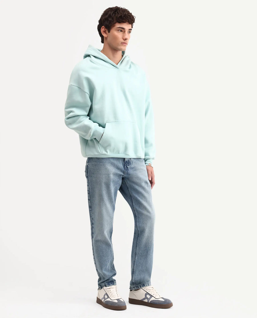 Rare Rabbit Men's Rokk Light Blue Cotton Blend Fabric Shank And Zipper Kurt Carrot Plain Jeans