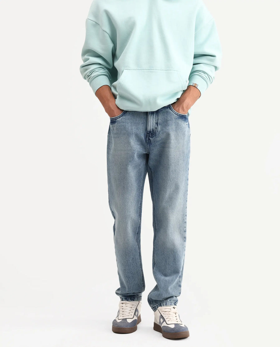 Rare Rabbit Men's Rokk Light Blue Cotton Blend Fabric Shank And Zipper Kurt Carrot Plain Jeans
