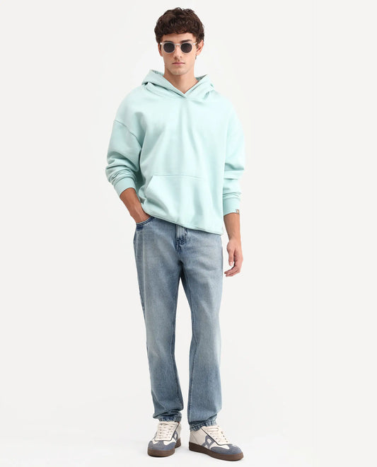 Rare Rabbit Men's Rokk Light Blue Cotton Blend Fabric Shank And Zipper Kurt Carrot Plain Jeans