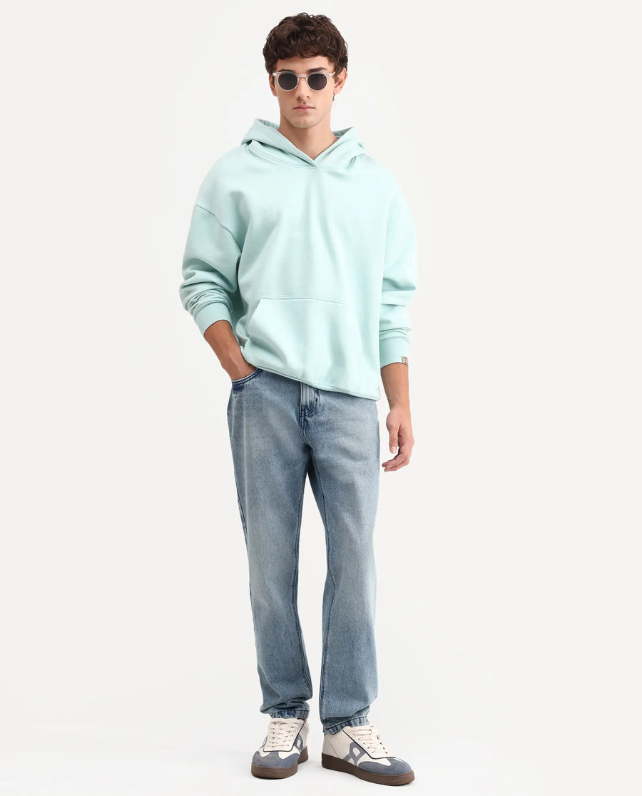 Rare Rabbit Men's Rokk Light Blue Cotton Blend Fabric Shank And Zipper Kurt Carrot Plain Jeans