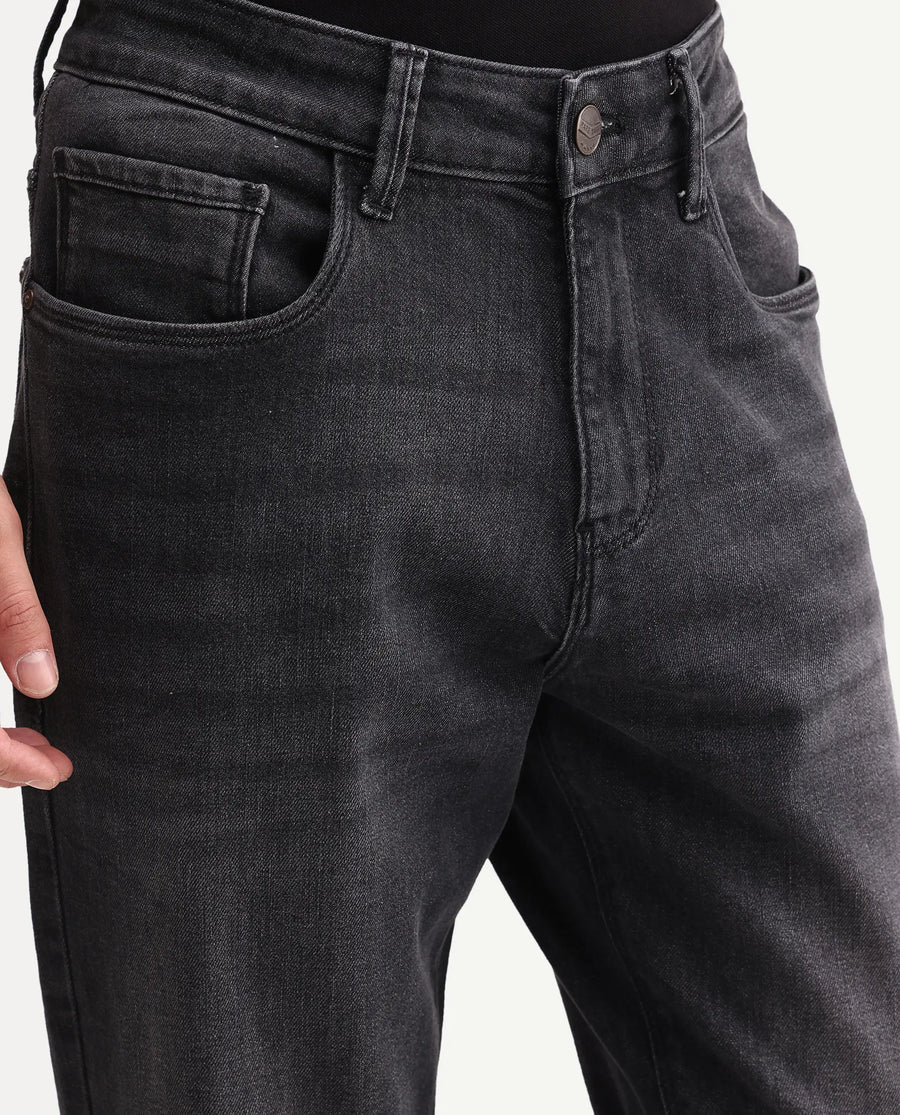 Rare Rabbit Men's Tova Dark Grey Cotton Fabric Shank And Zipper Kurt Carrot Fit Plain Jeans