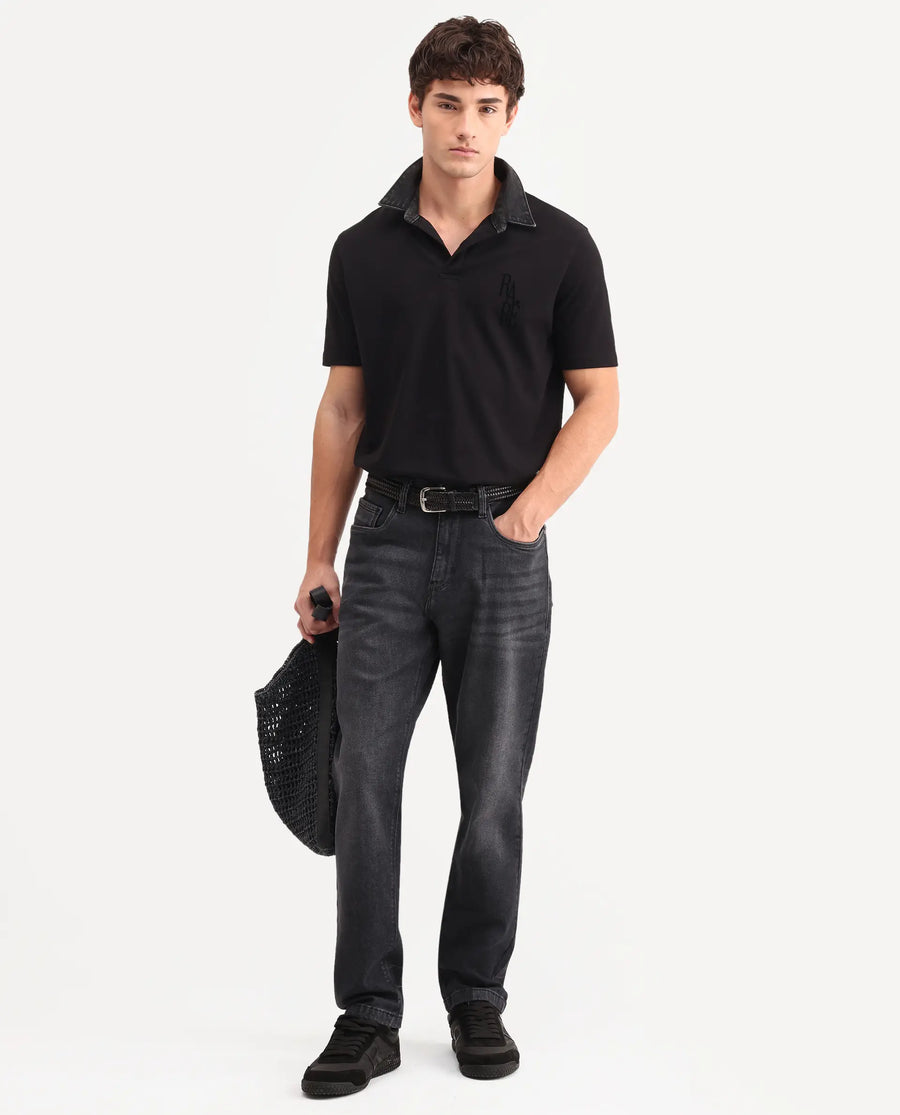 Rare Rabbit Men's Tova Dark Grey Cotton Fabric Shank And Zipper Kurt Carrot Fit Plain Jeans