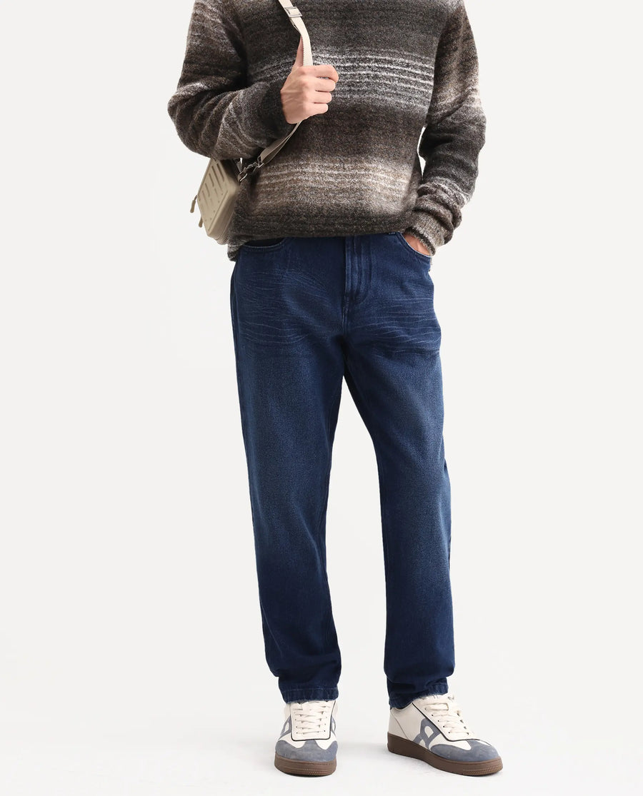Rare Rabbit Men's Laxx Dark Blue Cotton Blend Fabric Shank And Zipper Kurt Carrot Plain Jeans